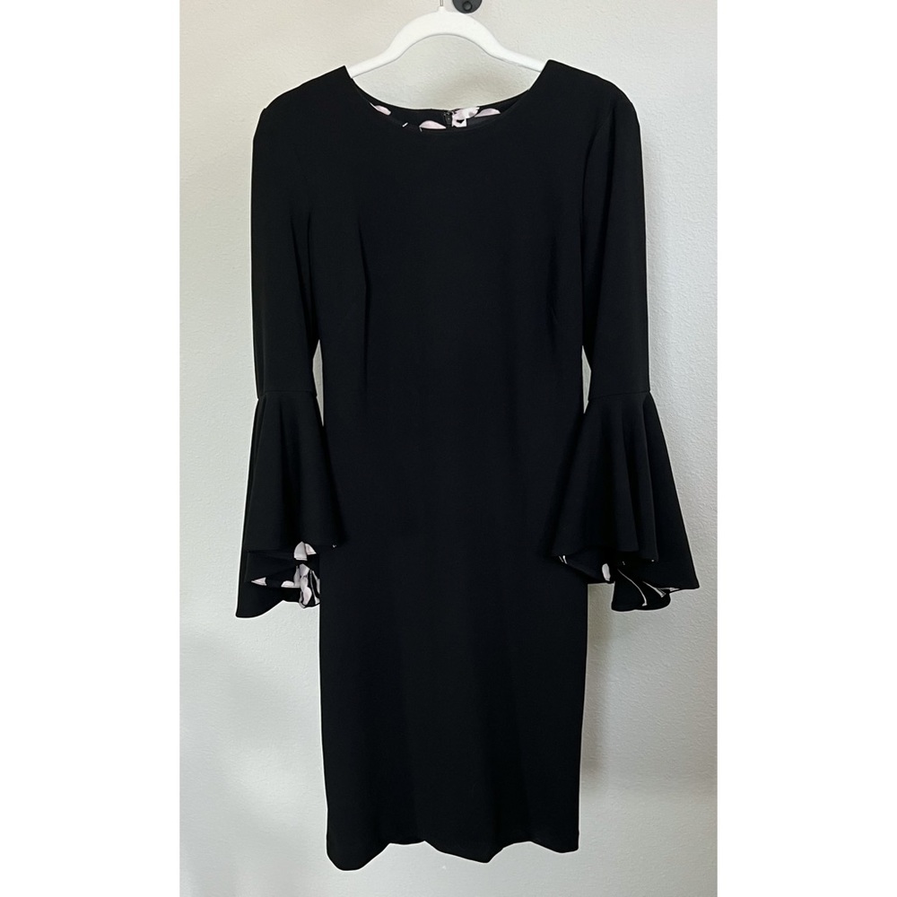 Liz Claiborne size 10 little black dress with floral lining bell sleeve (182)